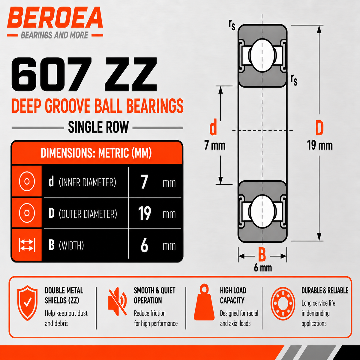 607 ZZ Ball Bearing 7x19x6mm 607ZZ Metal Shielded