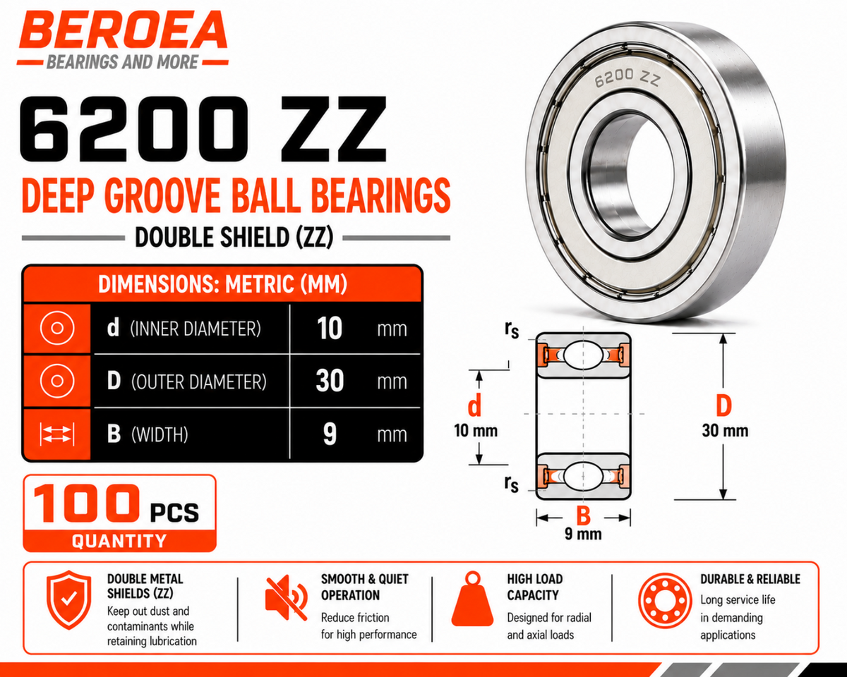 6200 ZZ Ball Bearing 10x30x9mm 6200ZZ Metal Shielded