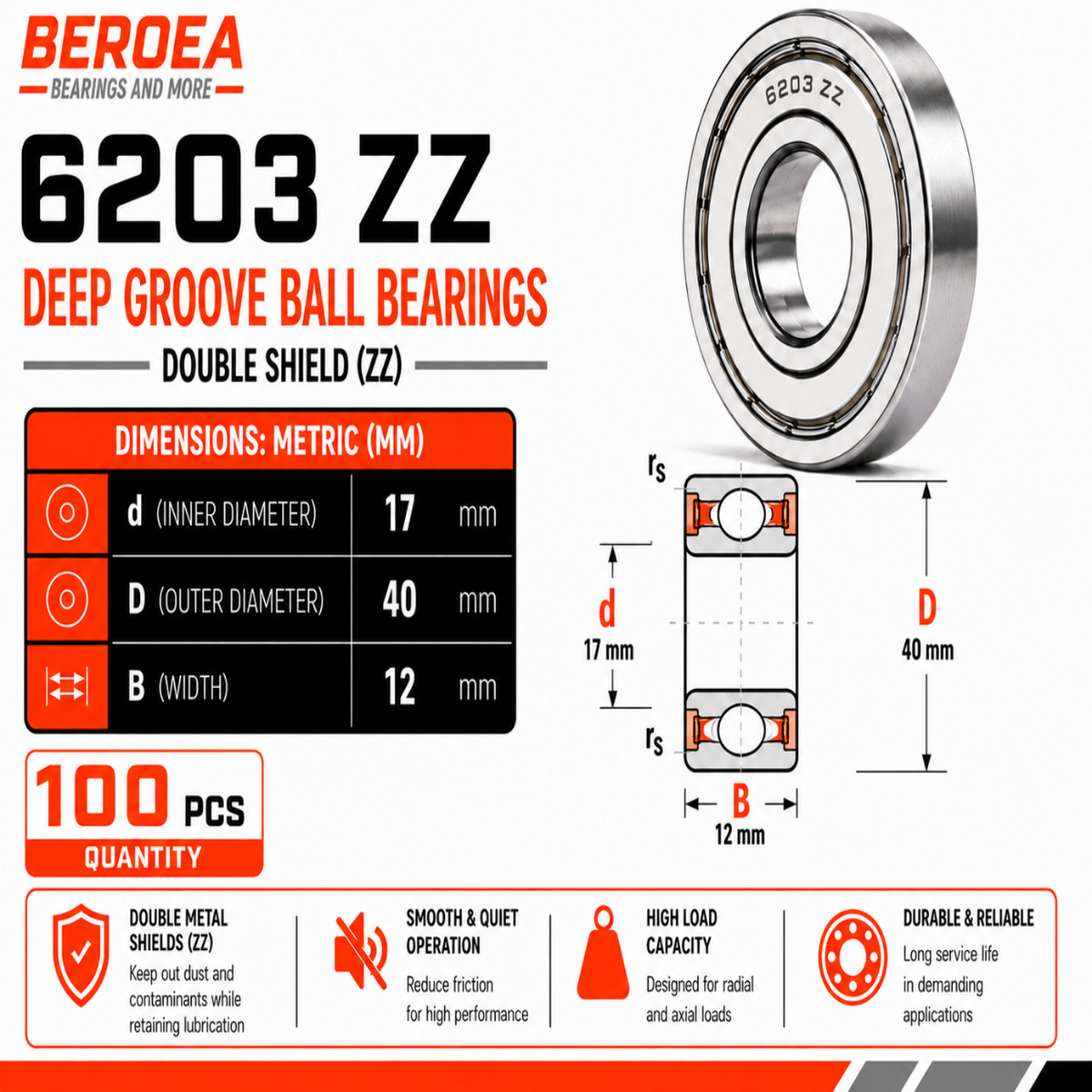 6203 ZZ Ball Bearing 17x40x12mm 6203ZZ Metal Shielded