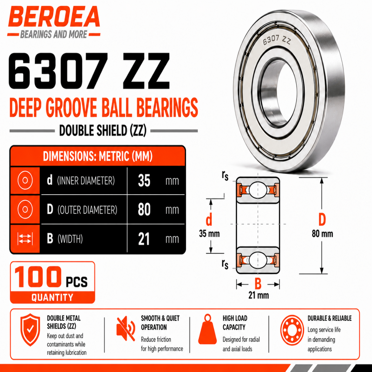 6307 ZZ Ball Bearing 35x80x21mm 6307ZZ Metal Shielded