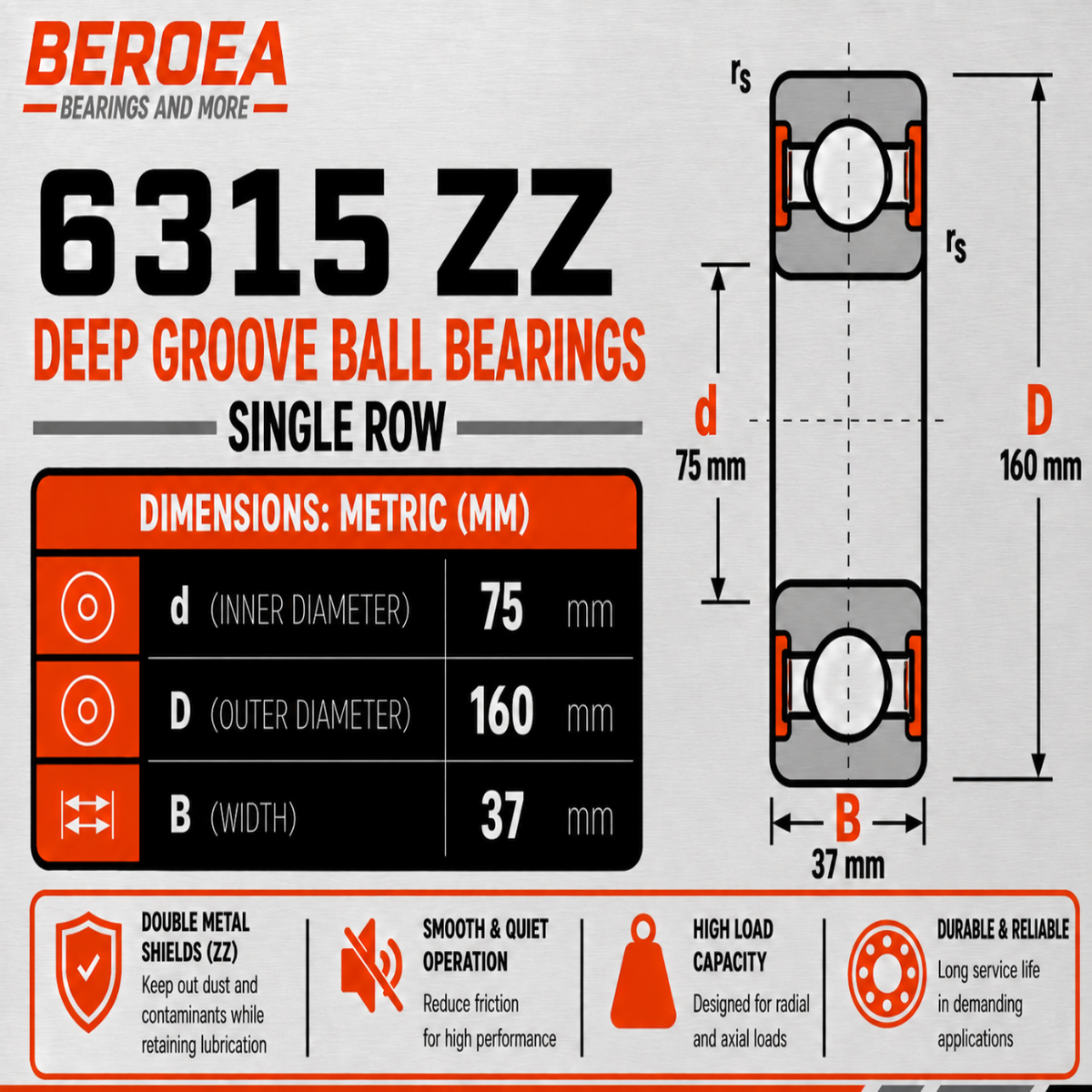 6315 ZZ Ball Bearing 75x160x37mm 6315ZZ Metal Shielded