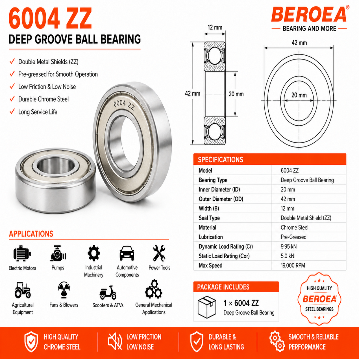6004 ZZ Ball Bearing 20x42x12mm 6004ZZ Metal Shielded