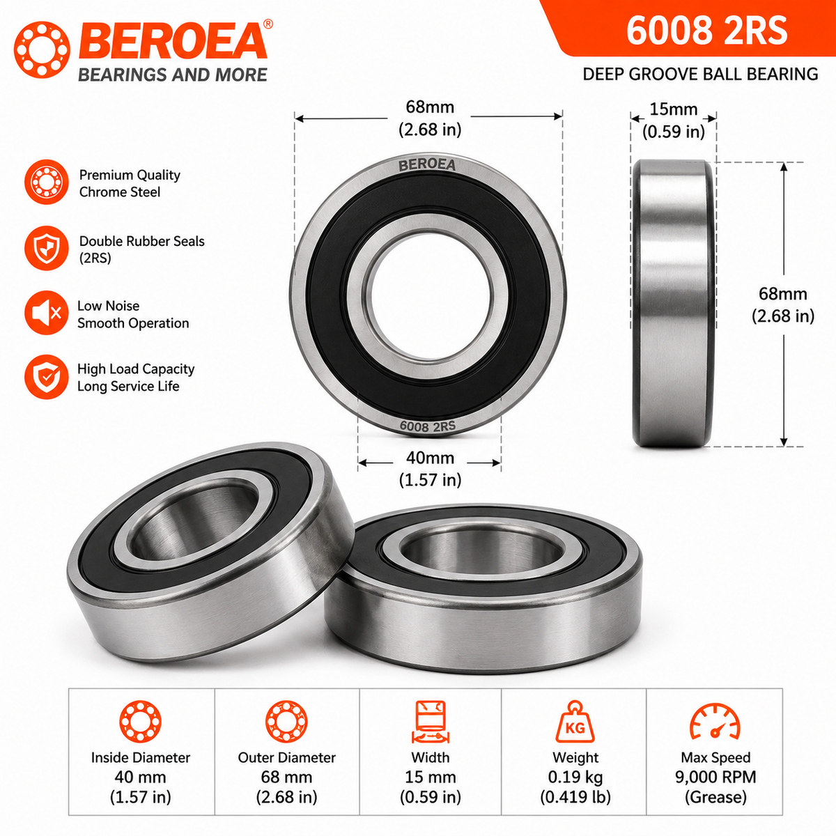 6008 2RS Ball Bearing 40x68x15mm 6008 2RS Rubber Sealed