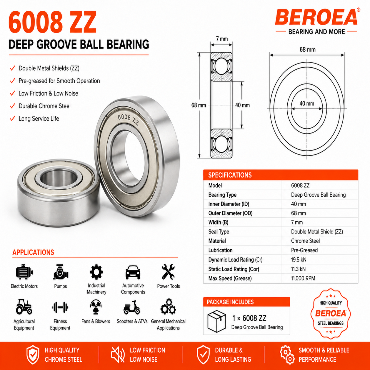 6008 ZZ Ball Bearing 40x68x15mm 6008ZZ Metal Shielded