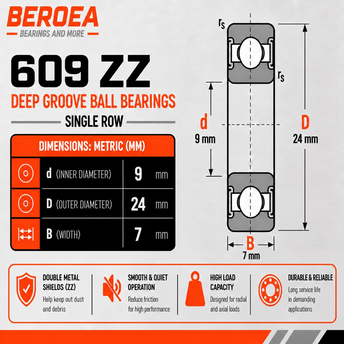609 ZZ Ball Bearing 9x24x7mm 609ZZ Metal Shielded