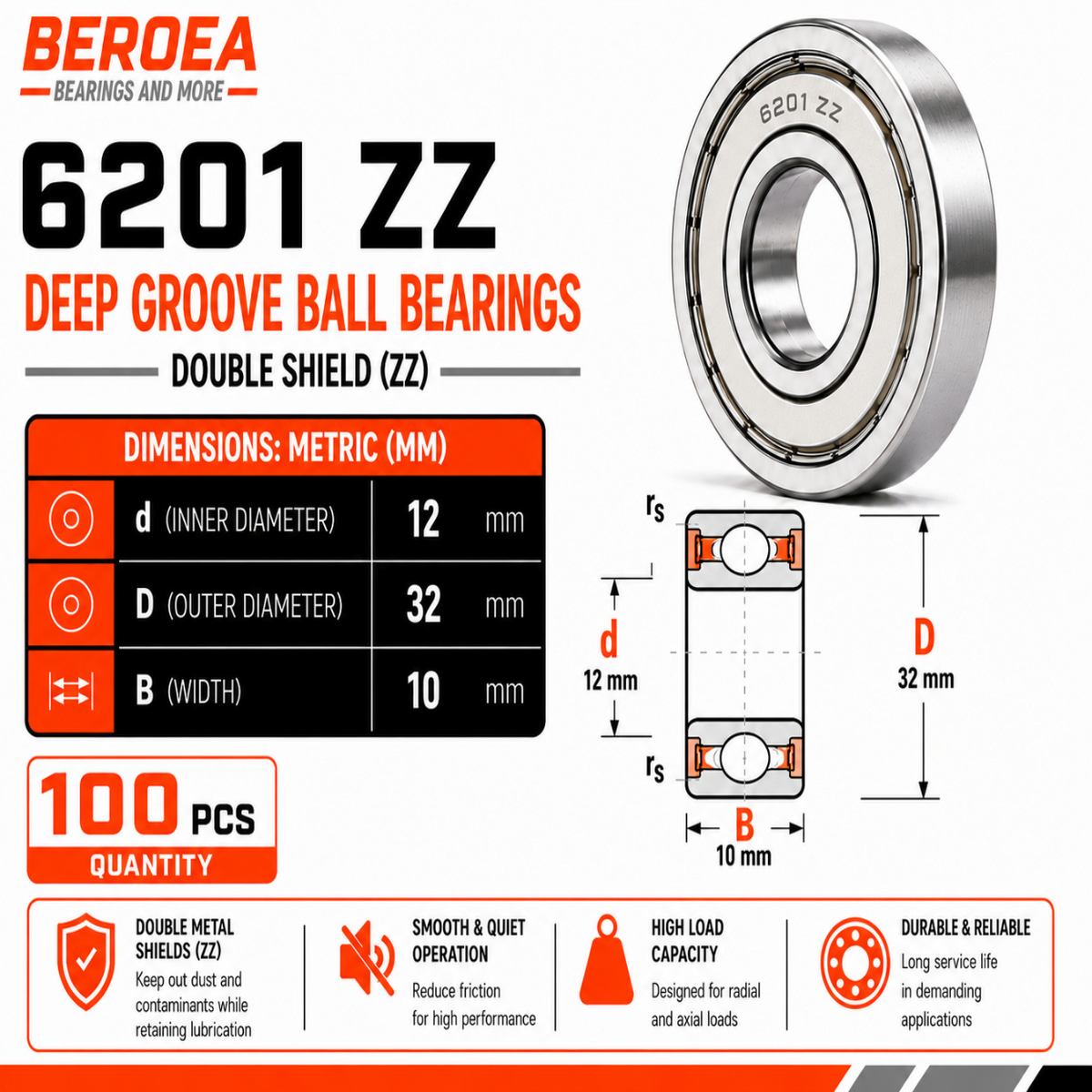 6201 ZZ Ball Bearing 12x32x10mm 6201ZZ Metal Shielded