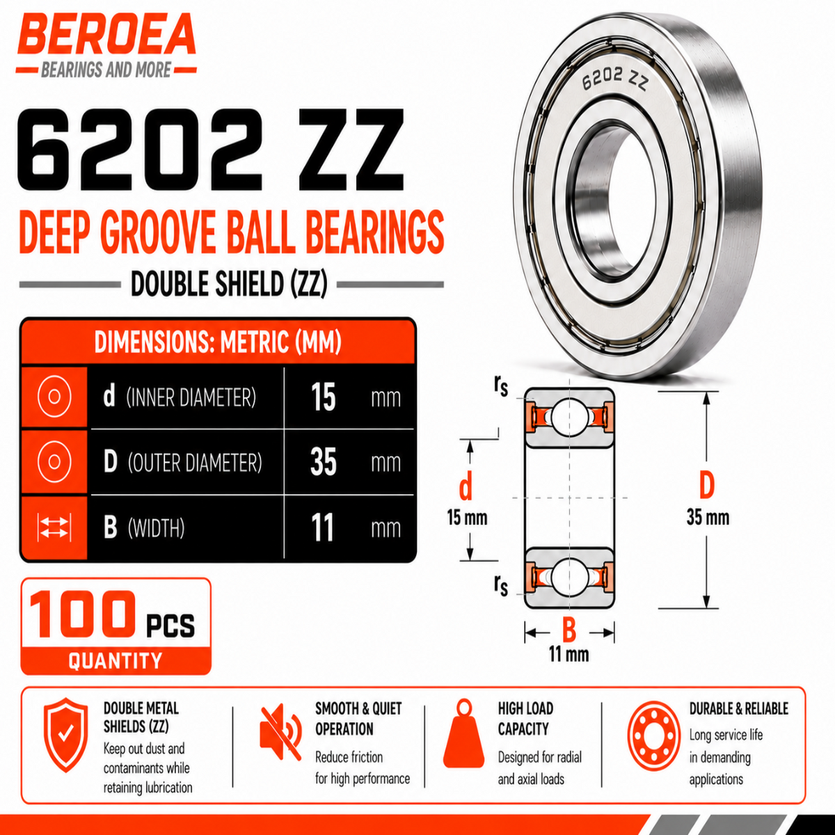 6202 ZZ Ball Bearing 15x35x11mm 6202ZZ Metal Shielded