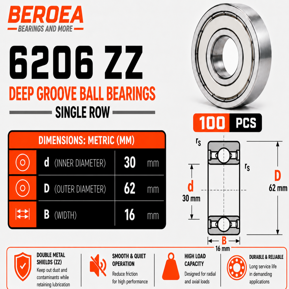 6206 ZZ Ball Bearing 30x62x16mm 6206ZZ Metal Shielded