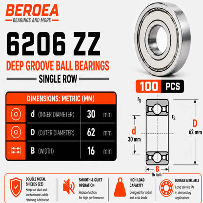6206 ZZ Ball Bearing 30x62x16mm 6206ZZ Metal Shielded