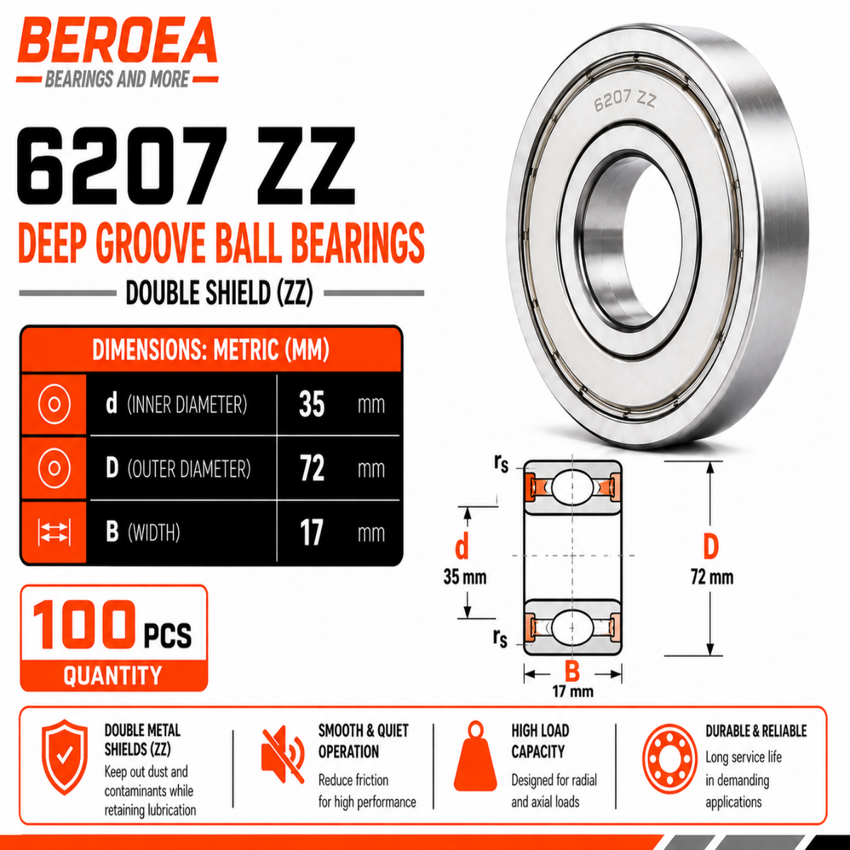6207 ZZ Ball Bearing 35x72x17mm 6207ZZ Metal Shielded