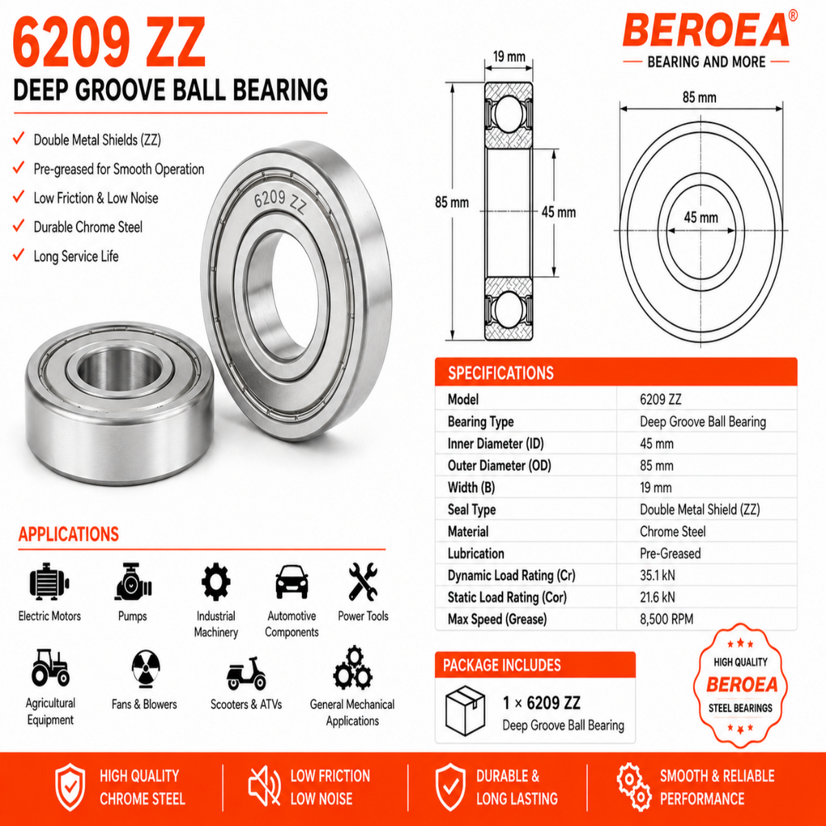 6209 ZZ Ball Bearing 45x85x19mm 6209ZZ Metal Shielded