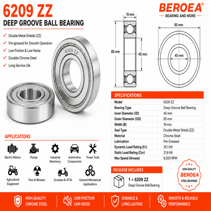 6209 ZZ Ball Bearing 45x85x19mm 6209ZZ Metal Shielded