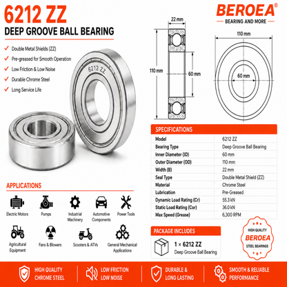 6212 ZZ Ball Bearing 60x110x22mm 6212ZZ Metal Shielded