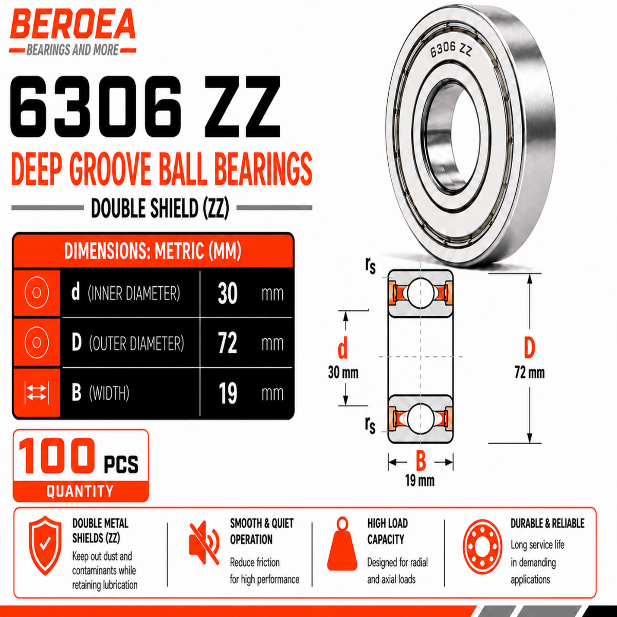 6306 ZZ Ball Bearing 30x72x19mm 6306ZZ Metal Shielded